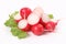 Whole and halved radishes on white background