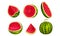 Whole and Halved Watermelon Fruit with Juicy Red Flesh and Black Seeds Inside Vector Set