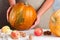 Whole large organic pumpkin in women`s hands