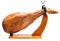 Whole leg of Spanish Iberian serrano ham in wooden support jamoneror.