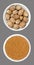 Whole nutmegs and nutmeg powder, in white bowls, on gray background