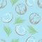Whole and open coconuts on blue background. Seamless pattern with coco and leaf.