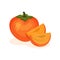 Whole persimmon and two slices. Sweet and tasty fruit. Natural and healthy food. Flat vector for product packaging