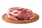 Whole piece of raw fresh pork meat isolated on white background. Simple composition of meat on a wooden round board. Side view