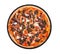 Whole pizza with cherry tomatoes, spinach, mozzarella, feta, kalamata olive and mushrooms on round slate platter, isolated