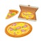 Whole pizza hawaiian in open white box and slice. flat illustration for poster, menus, logotype, brochure, web and