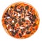 Whole pizza with mozzarella, feta, cherry tomatoes, spinach, mushrooms and kalamata olive. Italian tasty pizza isolated on white