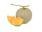 Whole and portion cut ripe muskmelon with stem on white background