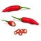 Whole, quarter, slices, wedges of Tabasco Peppers.