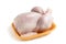 Whole raw chicken carcass on a shopping tray isolated on a white background with clipping paths with shadow and without