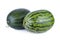 whole ripe red and yellow watermelon with stem on white background