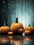 Whole ripe wet pumpkins on dark background with water drops. Autumn pumpkin background. Holiday concept - Halloween or