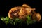 Whole roasted chicken with basil leaves, slice of lemon and grilled apple in front of dark background.