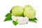 Whole and slice guava fruit with green leaf on white