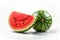 Whole and slice of watermelon isolated on white background. Tasty and fresh watermelon and juicy piece. Generative AI