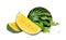 Whole and slice yellow watermelon with green leaf isolated