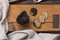 Whole and sliced black truffles mushroom on wooden board on dark brown table, flat lay, copy space