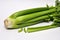 Whole and sliced celery stalks on a seamless background