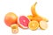 Whole and sliced citruses isolated on a white background. Nutritious banana and juicy grapefruits. Fresh cut oranges and lemons.