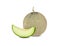 Whole and sliced green melon with stem on white background