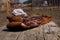 Whole Smoked Bacon Slab Resting On A Rustic Wooden Surface. Delicious Domestic Food