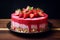 Whole strawberry cheesecake with a vibrant red glaze and fresh strawberries on top, on a black plate on a wooden table against