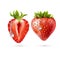 Whole strawberry and sliced half strawberry. Fresh red ripe mellow berry on white background. Realistic 3d isolated vector