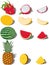 Whole sweet tropical fruits with pieces and slices vector illustration