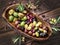 Whole table olives in the wooden bowl.