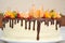 Whole Tangerine White Cake with sizalis Flowers and Chocolate Icing and Fruts Decoration. Homemade dessert cake for Birthday. Whit