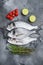 Whole three  seabream or Gilt head bream dorada fish with herbs pepper lime tomato for cooking and grill on grey textured