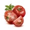 Whole tomato in water drops, half, quarter and basil isolated