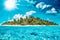 Whole tropical island within atoll in tropical Ocean on a summer day. Uninhabited and wild subtropical isle with palm trees.