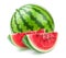 A whole watermelon with two juicy slices cut out on a white background