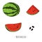 Whole watermelon, watermelon slices and watermelon seeds