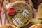 A whole wheel of sheep milk pecorino cheese for sale at a local outdoor farmers market in Ventimiglia, Italy