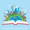 Whole world in book city collage knowledge education flat vector