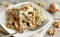 Wholegrain Pasta with topinambur cream, walnuts and zucchine