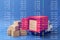 Wholesale trading. Truck model and carton boxes on background