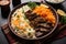 Wholesome platter Top view of rice, carrot, lamb, yogurt saladƒ??a satisfying meal