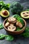 Wholesome vegan lunch bowl with avocado, mushrooms, broccoli, and spinach for a nutritious meal