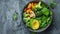 Wholesome vegan lunch bowl featuring avocado, mushrooms, broccoli, and spinach for a nutritious meal