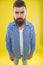 Why so serious. Beard fashion and barber concept. Man bearded hipster beard yellow background. Barber tips maintain