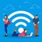 Wi-Fi concept vector illustration. People using devices for remote working and professional growth. Flat concept of