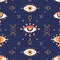 Wicca seamless pattern with triple moon and evil eyes