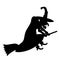 The wicked old witch flies on the broom. A strict simple black silhouette is isolated on a white background.