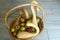 wicker basket with apples annurche varieties and winter pumpkins