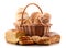 Wicker basket with assorted baking products on white