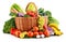 Wicker basket with assorted organic vegetables and fruits