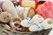 Wicker basket with baby cosmetics and accessories, closeup